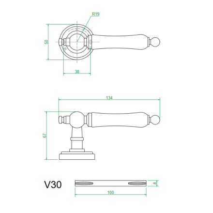 Ручки дверные V30 AS/ZR (сост. серебро/сост. керамика)